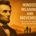 Illustration of Abraham Lincoln’s profile with a glowing sunrise in the background. A silhouetted family walks toward a church at the foot of golden hills. Text reads: “Mindset, Meaning, and Movement – The Heart of the Bring Back Lincoln Project.”