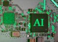 glowing AI chip on a circuit board