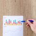 person holding a blue pen while pointing at paper with graphs